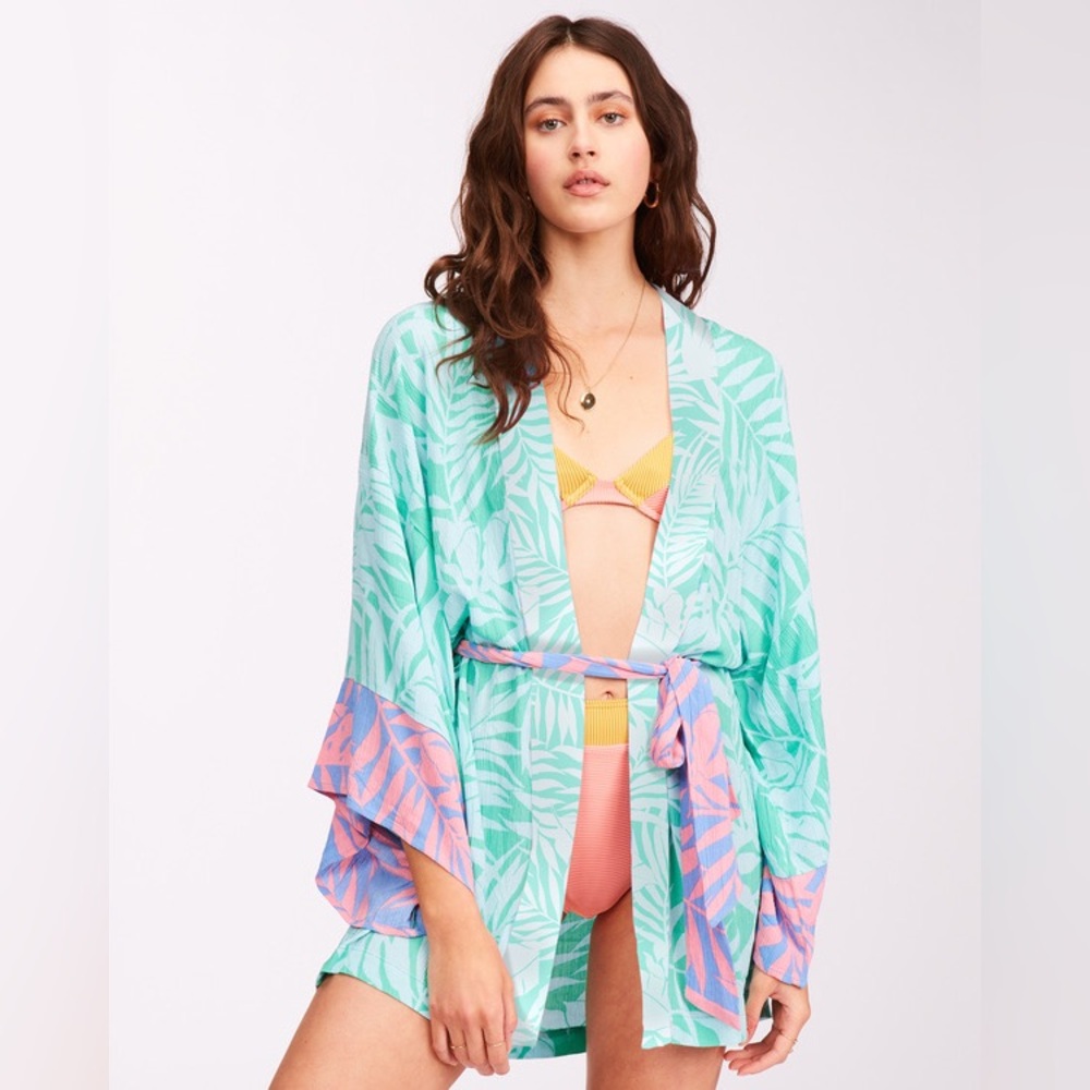 Billabong Loveland Tropical Green Kimono Cover-Up for Women size Small - Picture 2 of 13